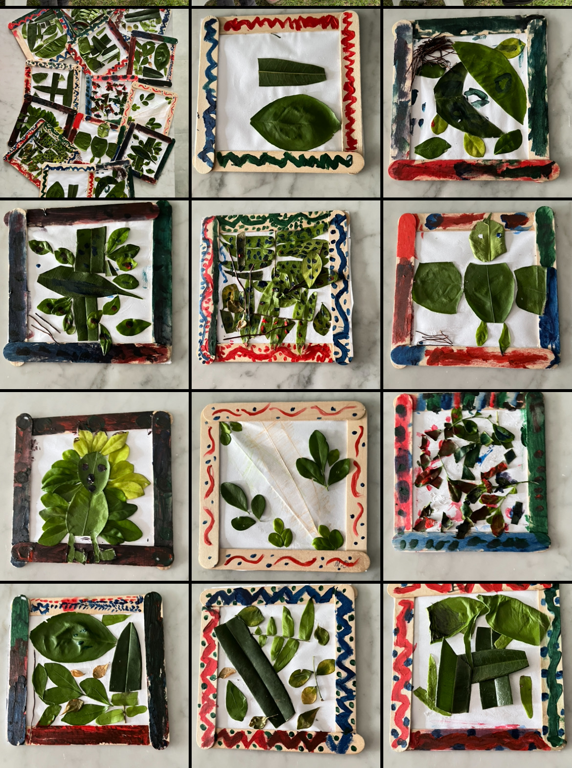 Framed leaf art created by children at Keko