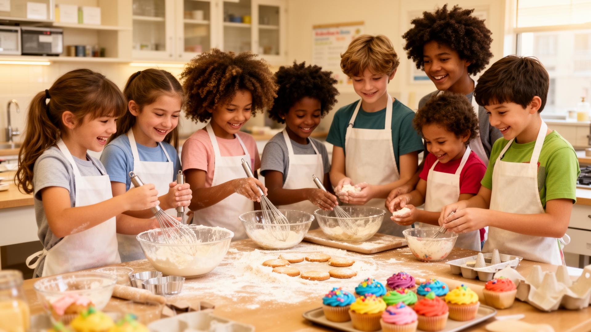 Children baking together and measuring ingredients
